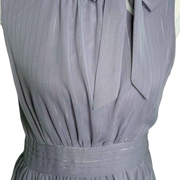 ModCloth Sunny City A-line Tie Neck Grey Dress Silver Sparkles Stripe Medium - Picture 7 of 11